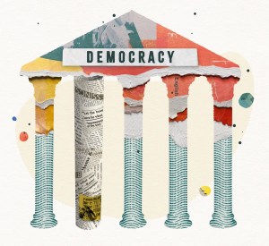 a temple with written democracy made out of newspapers